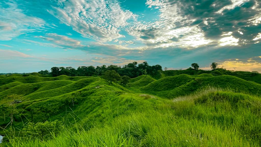 a green field with blue skies and some clouds