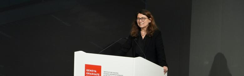 A photo of Marie-Laure Salles, Director of the Geneva Graduate Institute, speaking